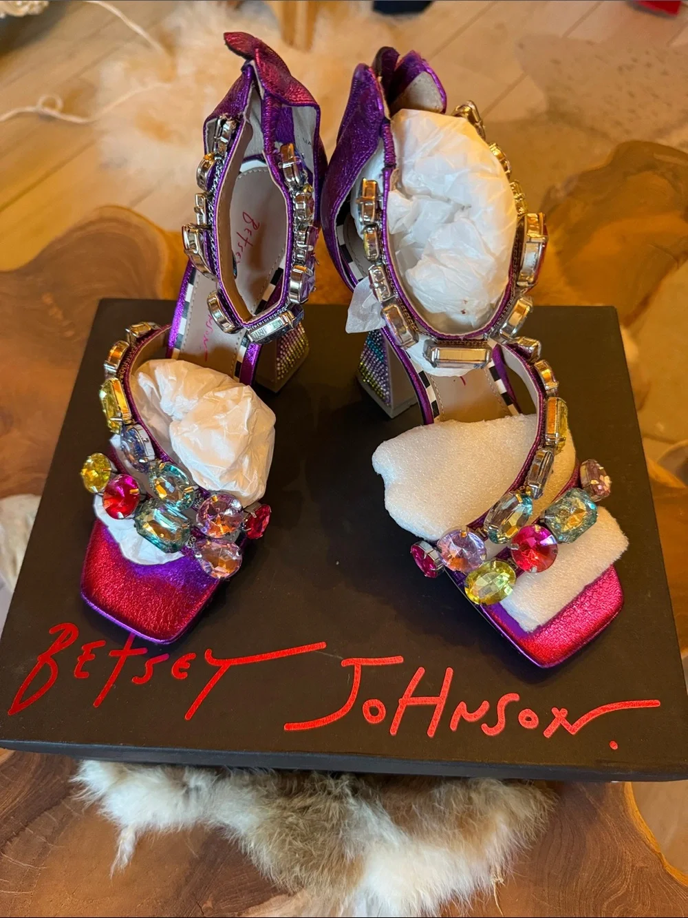 Betsey Johnson Metallic Fuchsia Gem-Embellished Block Heel Sandals